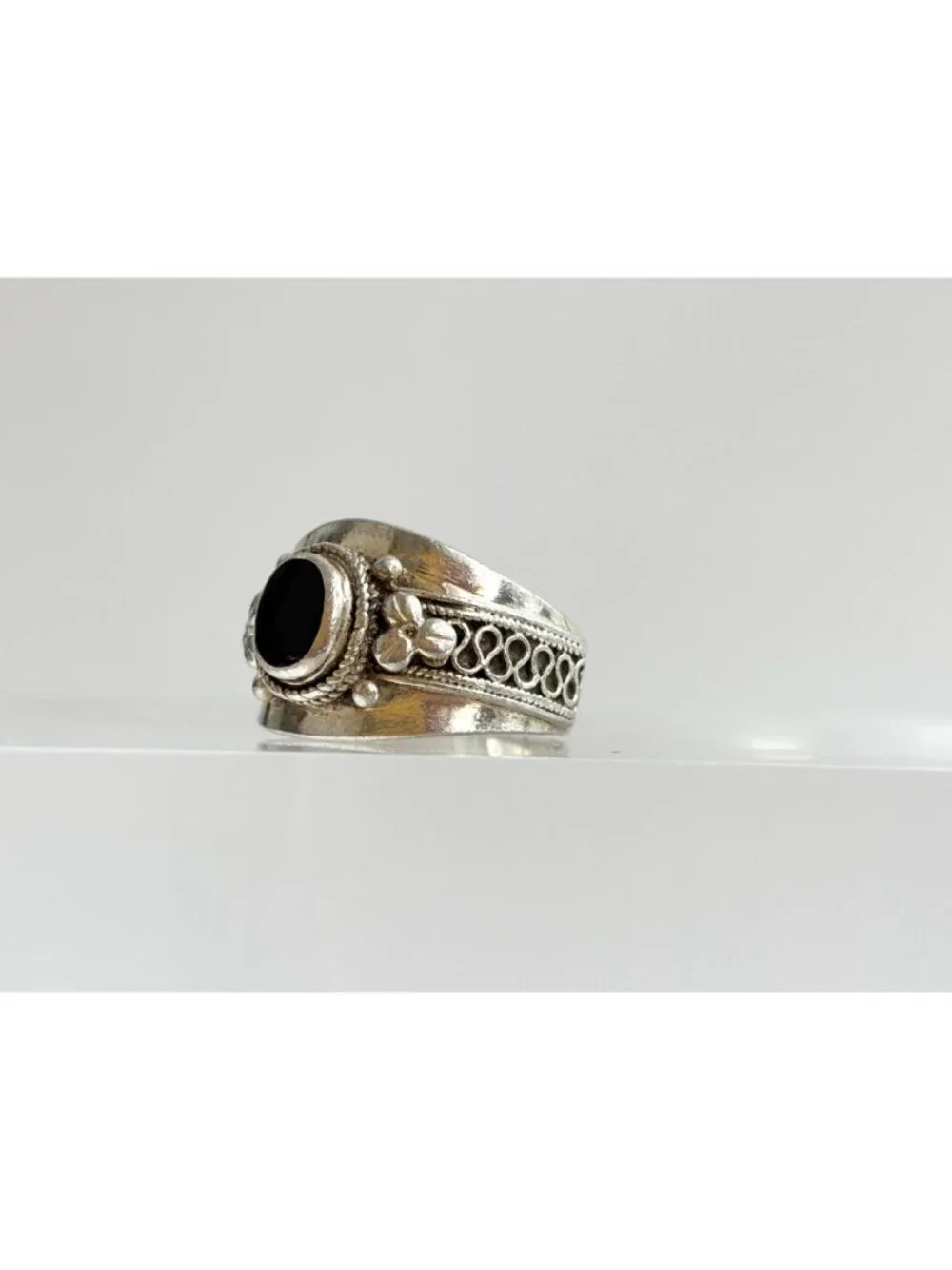 Thai Made Made Black Onyx Rope Chunky Sterling Silver 925 Vintage Ring - sz 6